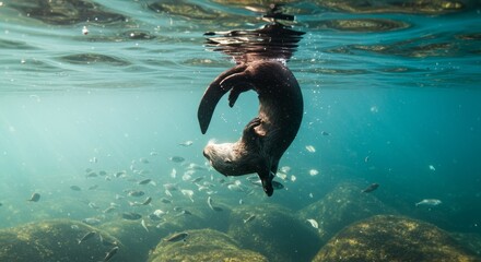 A playful otter gracefully swims underwater surrounded by a school of fish in clear turquoise water of the ocean