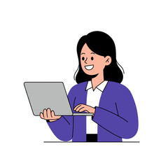 Young woman smiling while using laptop in modern workspace  