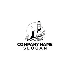 Lighthouse on Cliff with Birds Silhouette