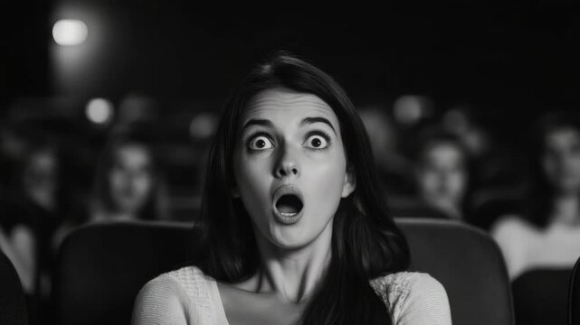 Stunned face of woman in a crowd at a movie theater. Emotional reaction to unexpected event on screen.