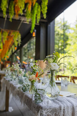 Beautiful details of the flower decorations at a wedding's reception. 
