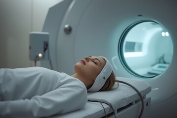 Patient in position in the Radiation machine ready to receive treatment for brain cancer.