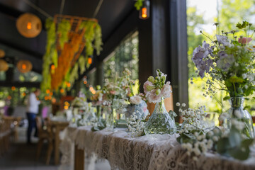 Beautiful details of the flower decorations at a wedding's reception. 