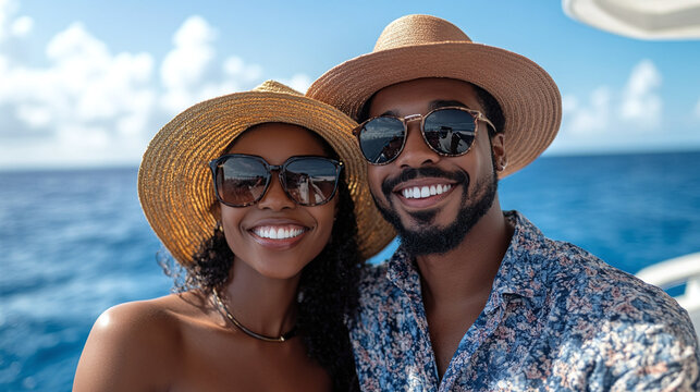 Happy afro couple wearing stylish hats and sunglasses while enjoying vacation by the ocean on a sunny day. - Powered by Adobe