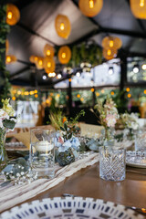 Beautiful details of the flower decorations at a wedding's reception. 
