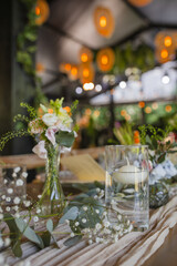 Beautiful details of the flower decorations at a wedding's reception. 