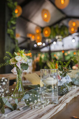 Beautiful details of the flower decorations at a wedding's reception. 