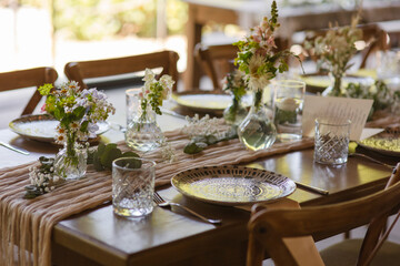 Beautiful details of the flower decorations at a wedding's reception. 