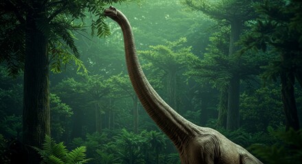 Majestic brachiosaurus grazing amidst the lush prehistoric jungle foliage