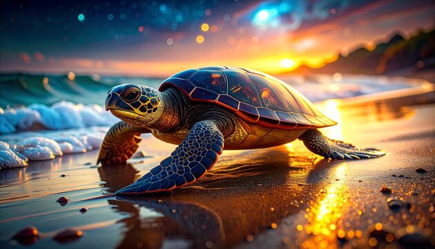 Abstract photography of a sea turtle crawling on a sunset oil beach