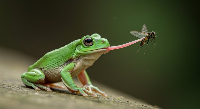 Green Tree Frog Catching a Fly with its Tongue in a Lush Environment