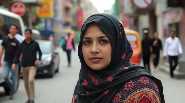 A muslim woman wearing a hijab and traditional clothing smiles warmly in a bustling city street