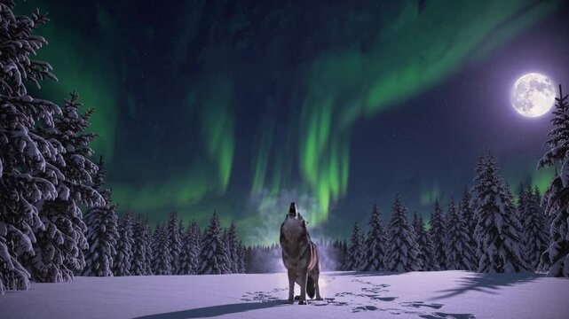Wolves howl under the northern lights in a snowy landscape at night