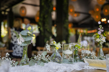 Beautiful details of the flower decorations at a wedding's reception. 