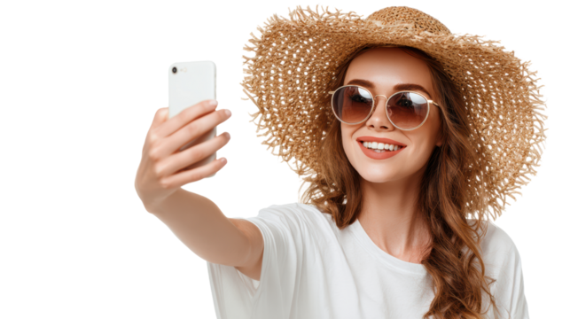 A young woman takes a selfie while wearing sunglasses and a straw hat, smiling against a white background.