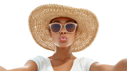 A young woman wearing a straw hat and sunglasses, playfully posing for the camera with a kissy face.