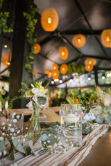 Beautiful details of the flower decorations at a wedding's reception. 