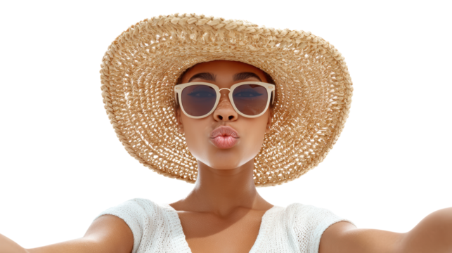 A young woman wearing a straw hat and sunglasses, playfully posing for the camera with a kissy face.