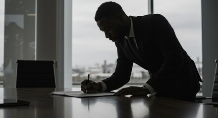 Determined Businessman Approving Important Documents in Modern Office
