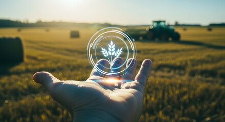 Farmer holding digital wheat icon with tractor and hay bales in background