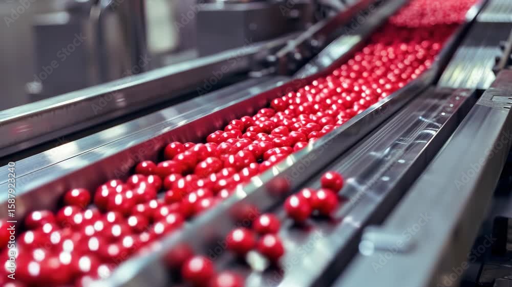 Poster conveyor belt system for efficient processing and packaging of red berries.