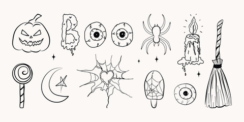 Whimsical hand drawn halloween set. Doodle sketch pumpkin, cobweb, magic spooky elements. line art cartoon icon, fun symbols, horror collection for decoration, posters, party. Isolated vector illustra