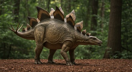 Fototapeta premium Majestic Stegosaurus Roaming Freely in a Lush Prehistoric Forest Setting