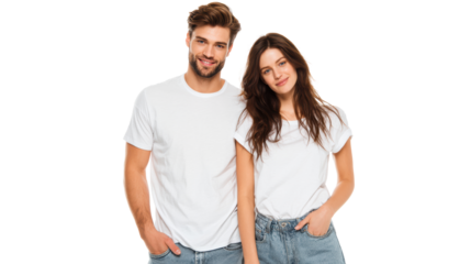 Casual young couple smiling and standing close together on a white background.