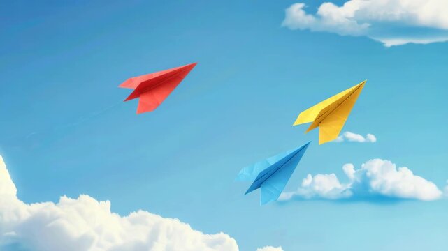 Three colorful kites flying in a clear blue sky with white puffy clouds. Spring day outdoor activity.