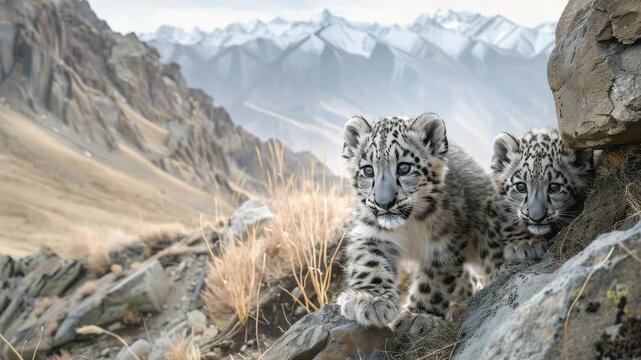 Two baby snow leopards are playing on a rocky hill. One of them is on the left and the other is on the right