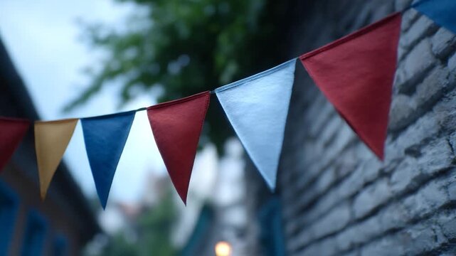 Festive pennant flags add a splash of color to the day. A row of triangular flags in vibrant colors is strung across a street, the soft background blurring into the natural daylight 