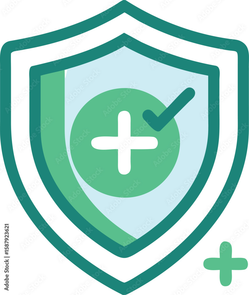 Aufkleber vector art of a colorful shield icon with a checkmark and a plus sign, representing health and secur