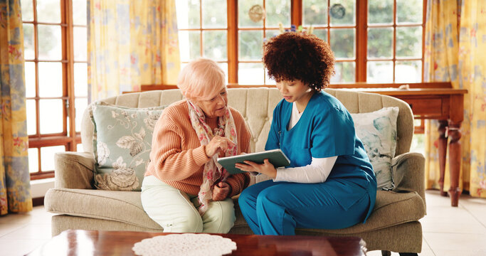 Tablet, healthcare and nurse with senior woman in retirement home for consultation with research. Digital technology, medical checkup and caregiver with elderly female patient for treatment plan.
