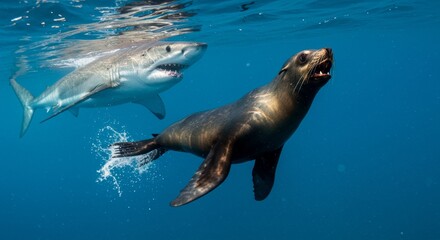 Dramatic underwater encounter between a great white shark and a seal
