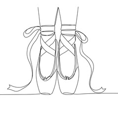 Line drawing of ballet pointe shoes with ribbons on the floor  
