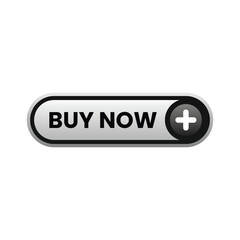 A glossy, gray "BUY NOW" button with a plus icon sits centered, outlined in black, against a stark white background, conveying a call-to-action.