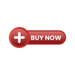 A glossy, red "BUY NOW" button with a plus sign icon, centered, against a white background, conveys a sense of urgency and purchase intent.