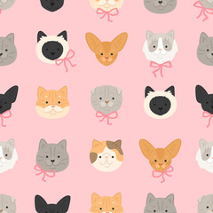 Vector seamless pattern. Cartoon cats with ribbons. Cute texture with abissian, persian, siamese, scottish fold, golden shader cats on pink background. Flat style pattern for textile or wrapping paper