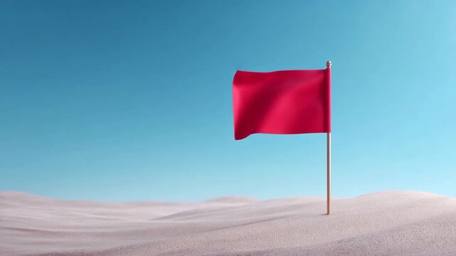 A striking image of a solitary red flag waving against a clear blue sky, planted in the sand