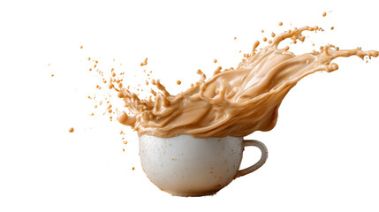 Coffee cup with splash of liquid, isolated on white background.