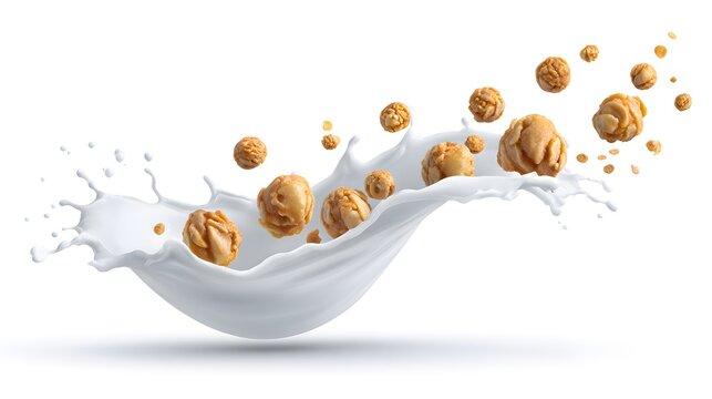milk splash with cereal falling in, white background - Powered by Adobe