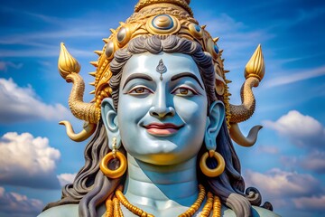 Majestic blue deity sculpture with golden ornaments against a cloudy sky