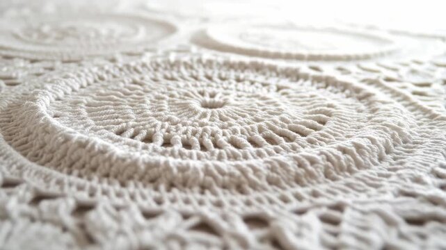 Delicate hand-knitted doily showcasing an intricate circular pattern, indicative of fine craftsmanship and artistic design.