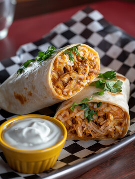 Chicken Tinga Burrito: Smoky pulled tinga chicken, cilantro rice, Mexican cheese blend, flour tortilla. sour cream in a very small yellow ramekin on the side. Black checkered wrapping paper, one burri