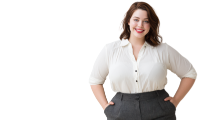 Confident woman in a white blouse and gray pants, smiling on a white isolated background.