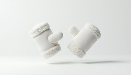 Pair of White Fluffy Winter Gloves Floating on White Background