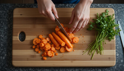 A person's hands carefully slice carrots on a wooden cutting board, preparing fresh ingredients.
