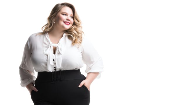 Confident woman in elegant blouse and high-waisted pants, posing with a smile, isolated against a white background.