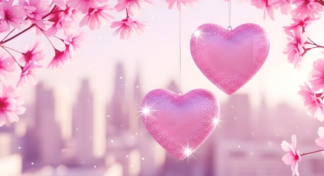 Two pink hearts hanging from cherry blossom branches