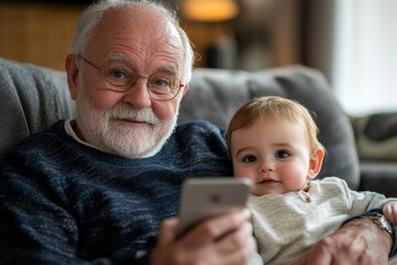 Old man using the internet to video call his grandson, maintaining family connections through digital technology, Generative AI